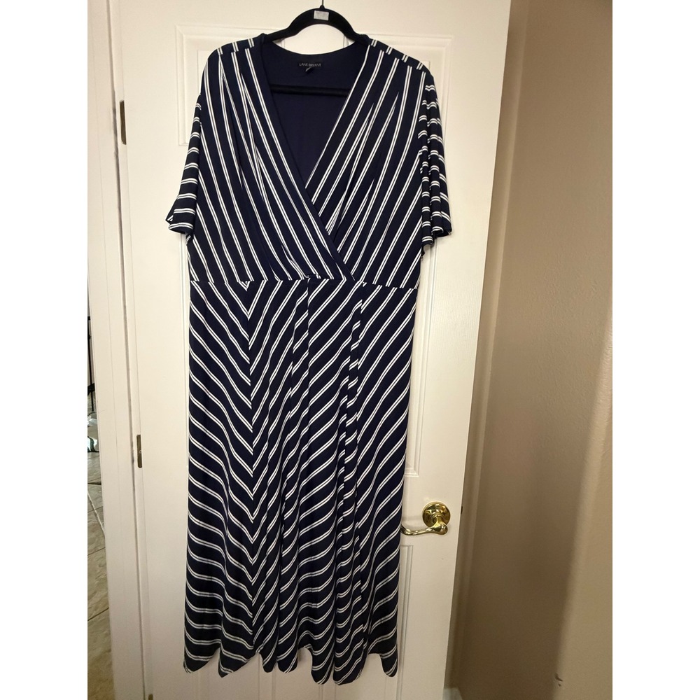 Lane Bryant Navy Blue White Striped Faux Wrap Maxi Dress Plus Size 22/24